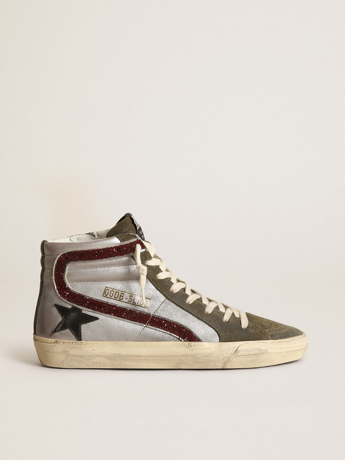 Slide in argento con stella in pelle nera e virgola in glitter