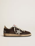 Sneaker Ball Star in suede marrone con stella in glitter platino e linguetta in nylon bianco