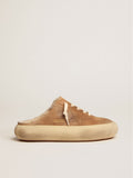 Scarpe Space-Star Sabot Donna in suede color tabacco e fodera in shearling