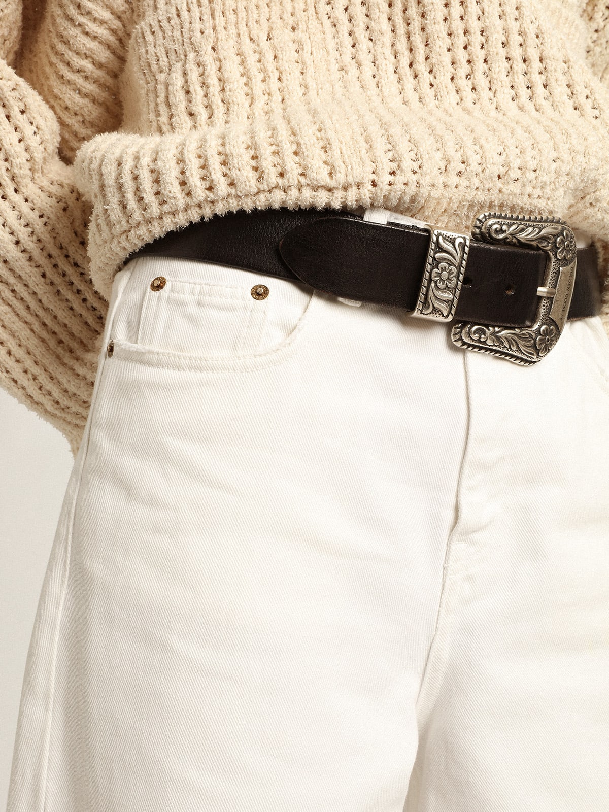 Pantalone jeans gamba larga in bull denim color bianco
