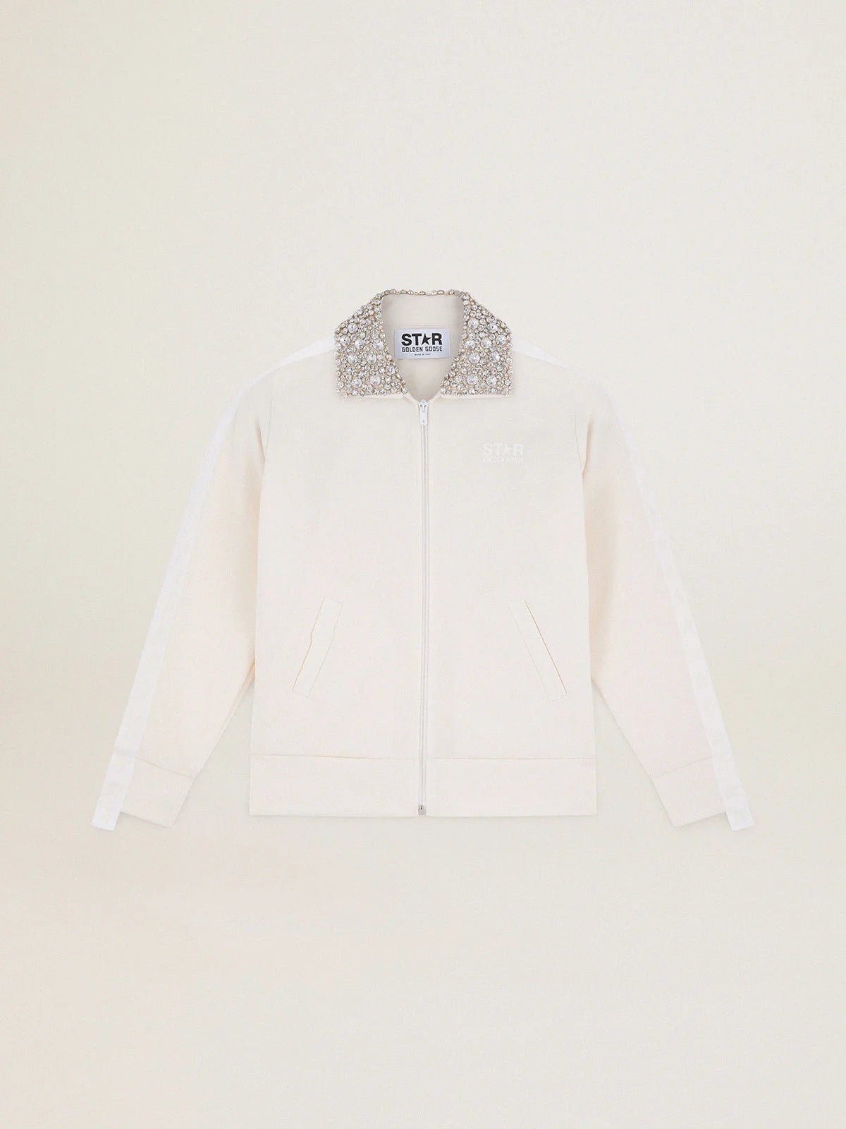 Felpa con zip Denise Collezione Star di colore bianco papyrus e colletto con cristalli