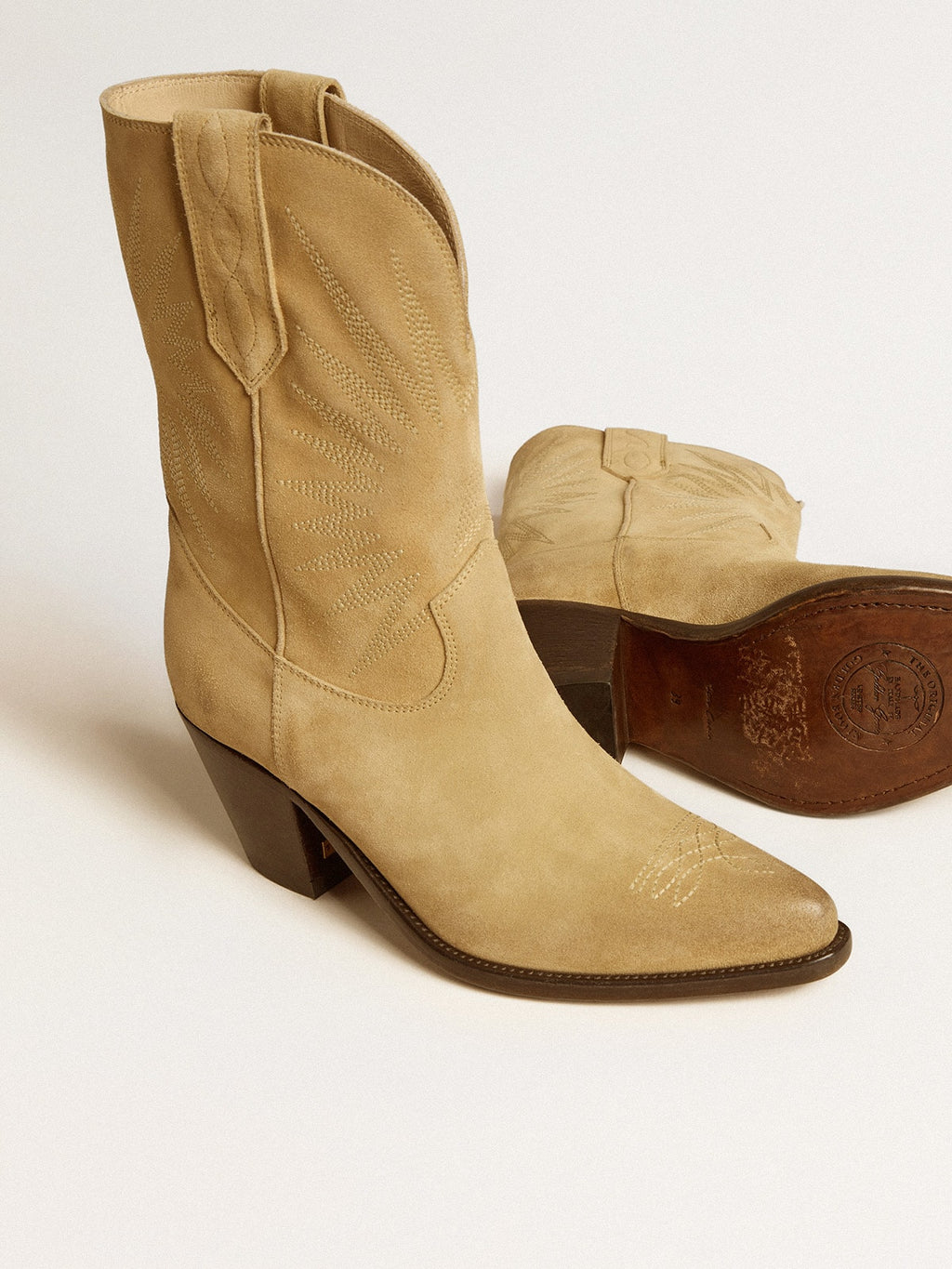 Wish Star low boots in sand-colored waxed suede with star embroidery