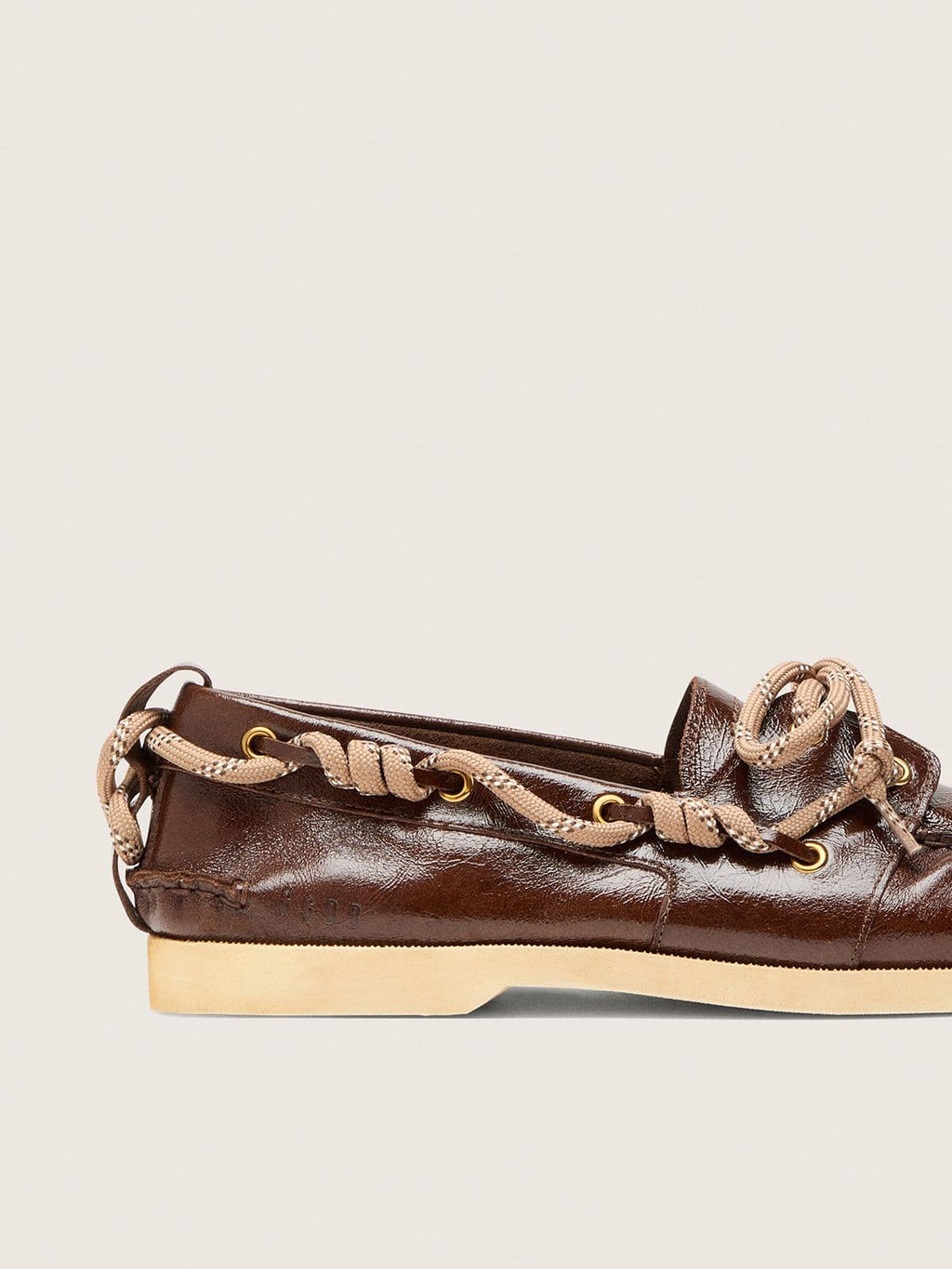 Men's Cruise loafers in glossy dark brown leather with dove gray hiking laces