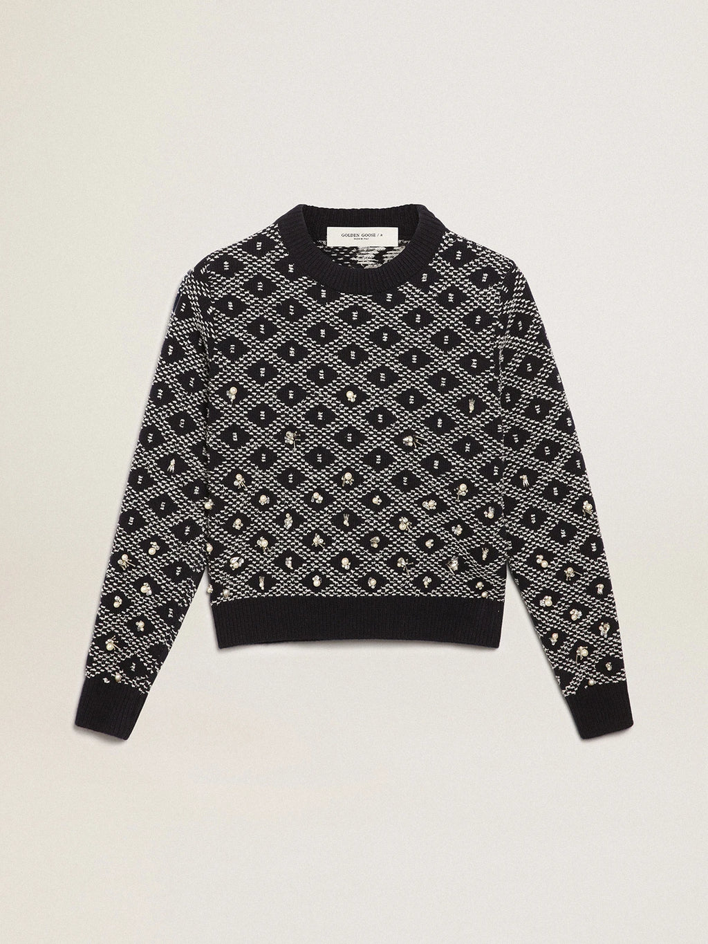 Maglione girocollo Collezione Journey a motivi geometrici bianchi e blu con applicazione di perle, cristalli e baguette