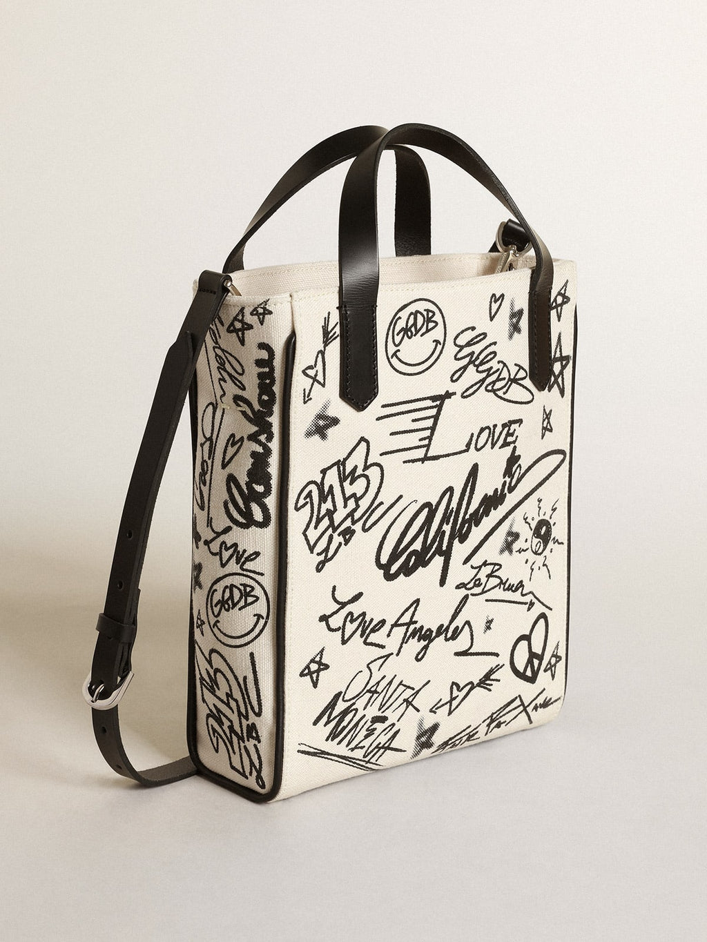 Borsa California Bag mini in cotone bianco con stampa nera a contrasto