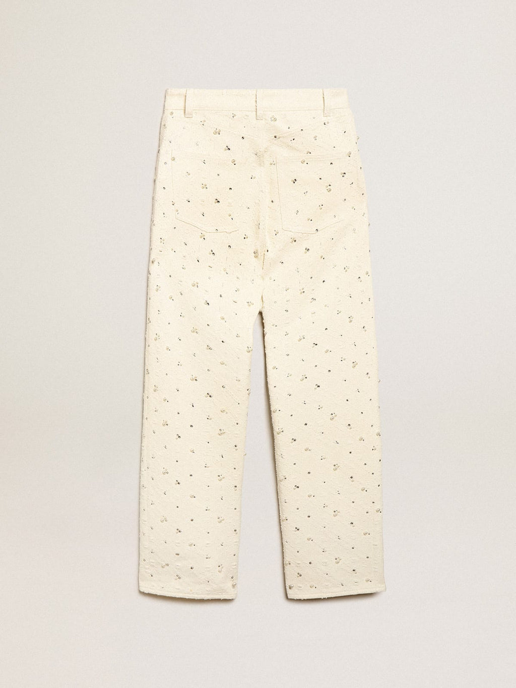 Jeans Kim Collezione Journey in cotone color bianco sporco con motivi a rombi e applicazione di perle e cristalli