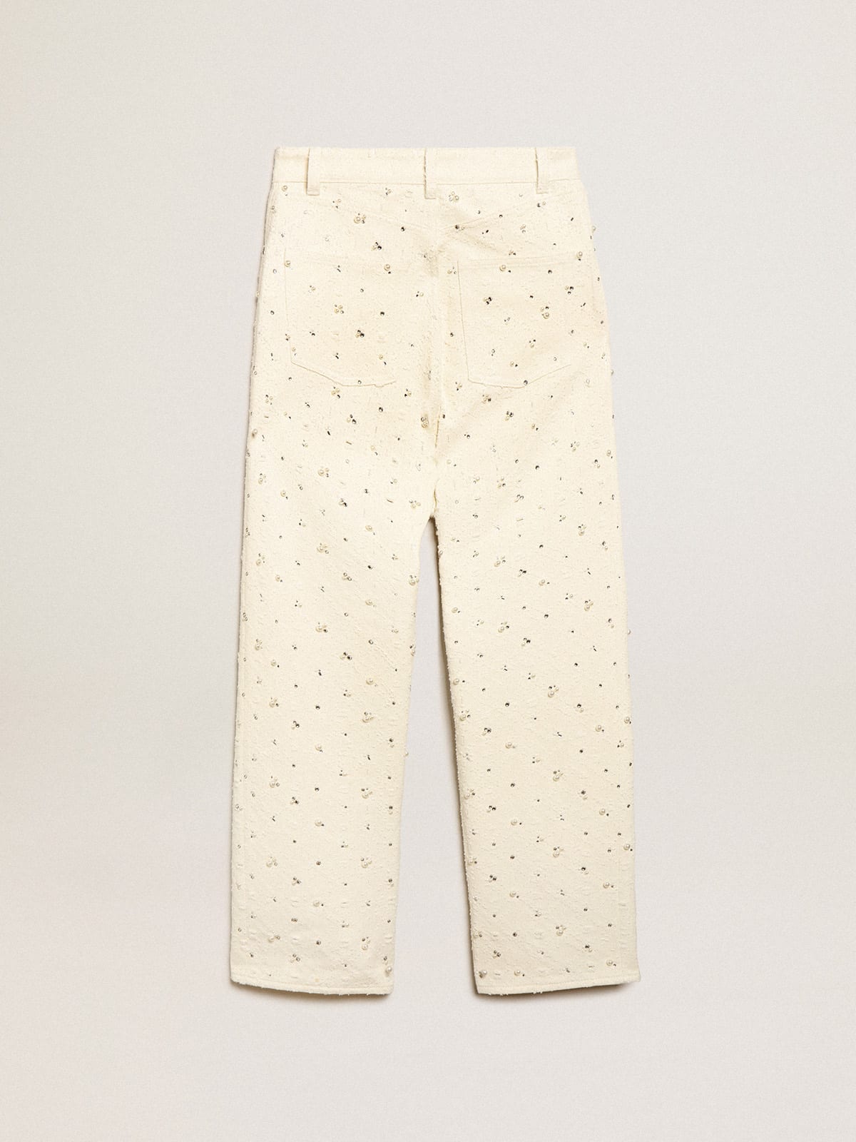 Jeans Kim Collezione Journey in cotone color bianco sporco con motivi a rombi e applicazione di perle e cristalli