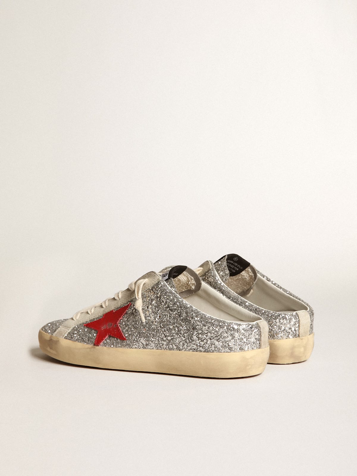 Super-Star Sabot in glitter argento con stella in pelle rossa