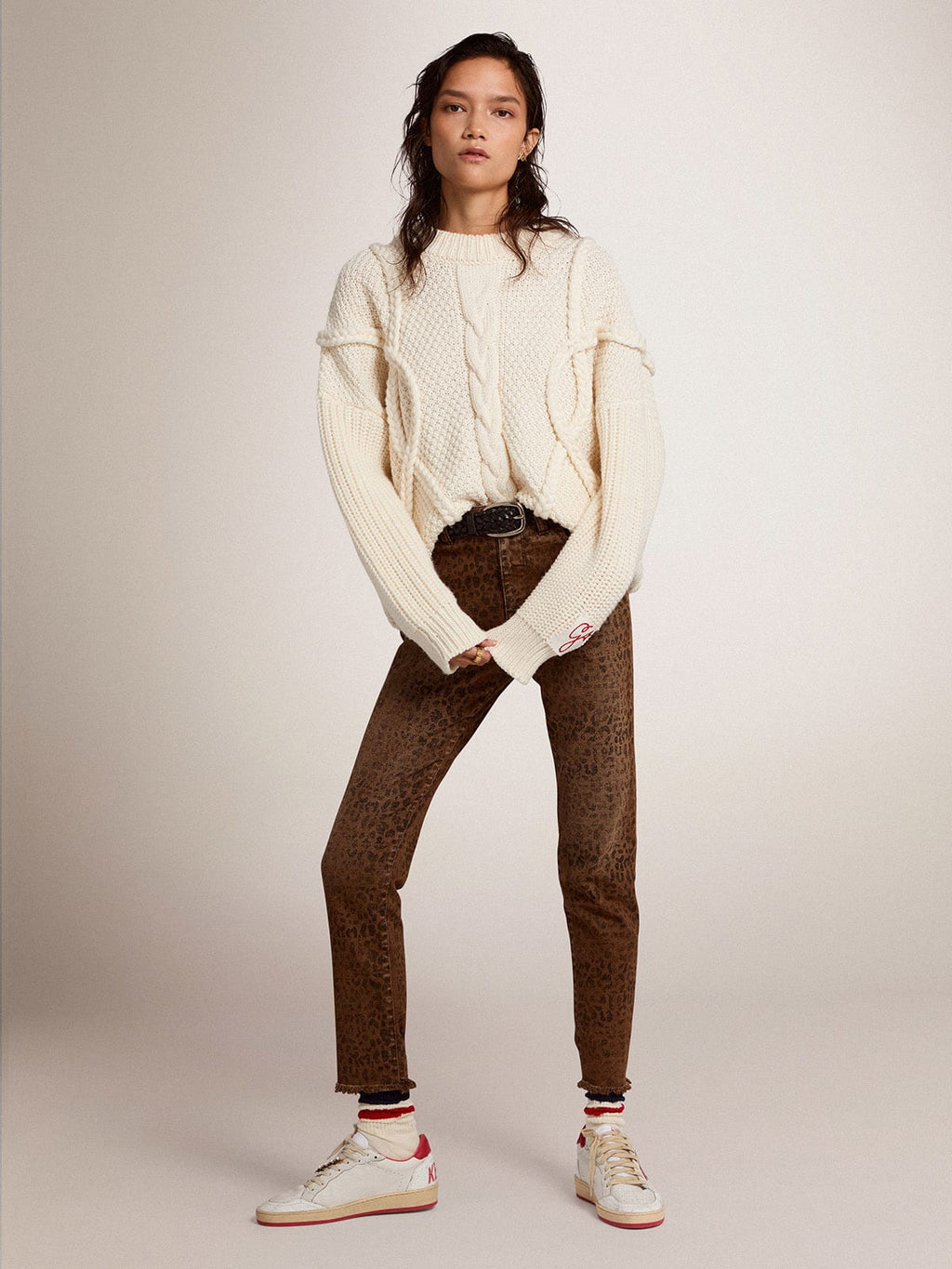 Maglione girocollo da donna in lana con motivo intrecciato