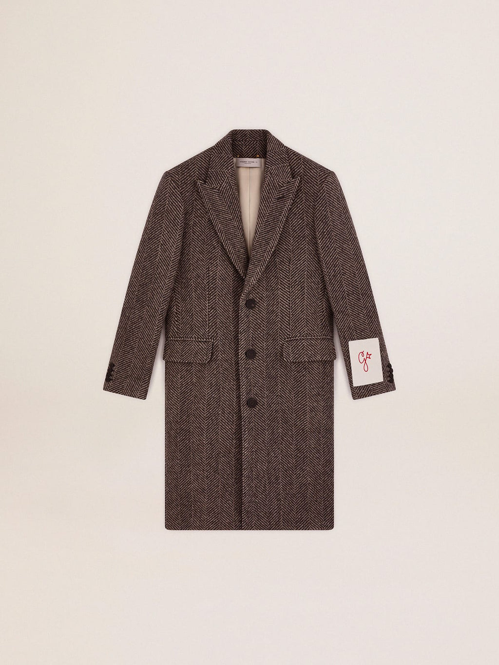 Cappotto monopetto in lana con trama spigata beige e grigio